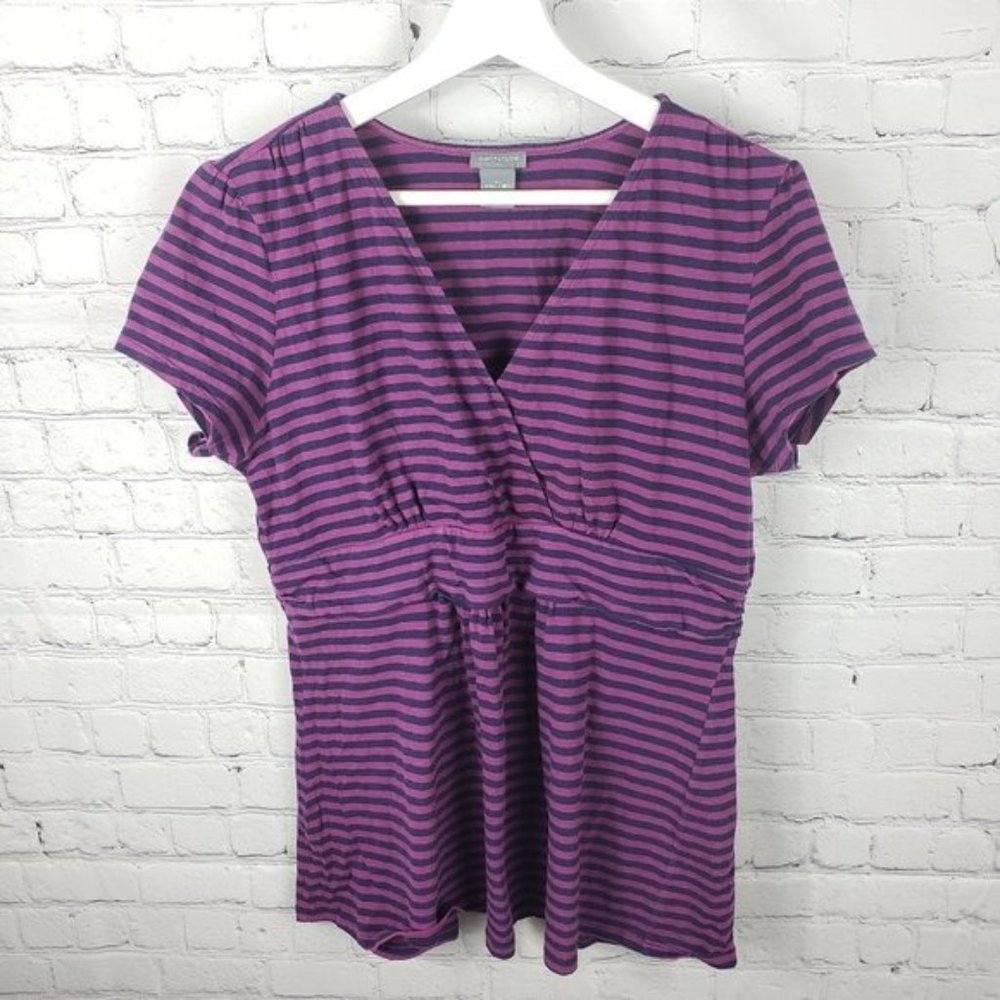 Ann Taylor Purple & Navy Striped V-Neck Short Sleeve Top - XL